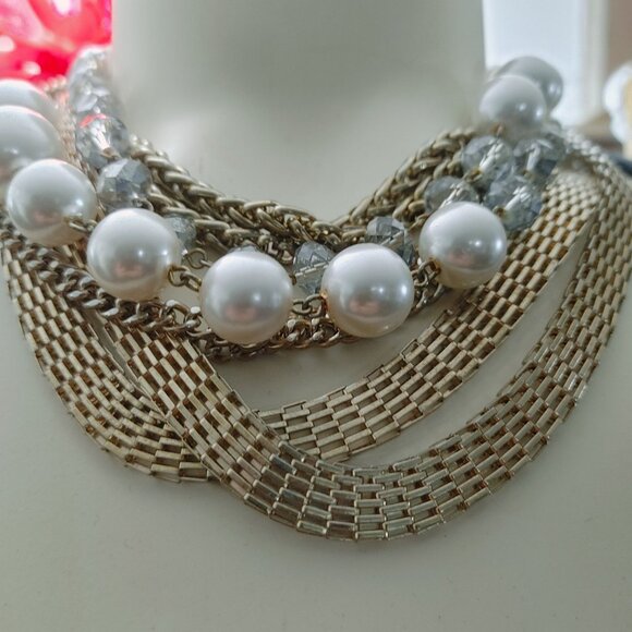 Statement Necklace Multi 8 Strand Glass Crystals Faux Pearls Gold Silver Chunky - Picture 10 of 15